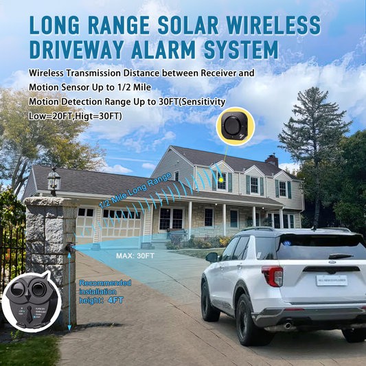 Wireless Solar Driveway Alarm Sound Light Alarm IP65 Weatherproof Outdoor Motion Detector 120 dB Siren Sound Alert , Flash Warning Security Alarm System for Farm and Home