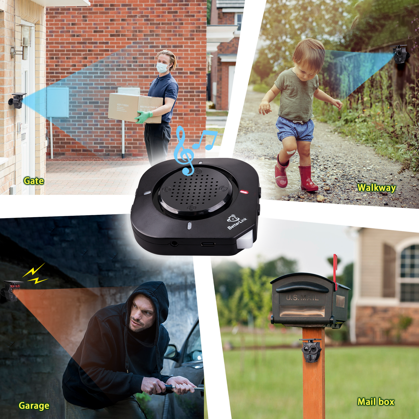 BetterLink Driveway Alarm Systems Weatherproof Outdoor Motion Detector & Sensor with120dB Siren, Sound and Light Alert Systems Makes it Easy to Monitor & Protect Outdoor/Indoor Property(2R1S)